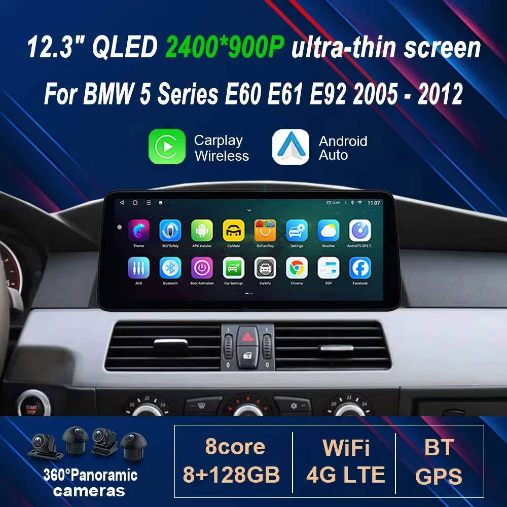 for BMW 5 Series E60 E61 E92 2005 - 2012 12.3' Ultra-thin Android 16 Car Radio Video Multimedia Player Wireless Carplay GPS 4G