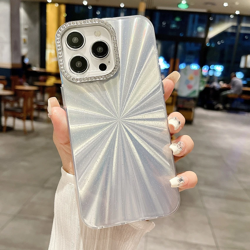 Casing ponsel berkilau untuk iPhone 16 15 14 13 Pro 12 11 Max Plus 16Pro bingkai lensa berlian imitasi casing ponsel mewah penutup cangkang lembut.