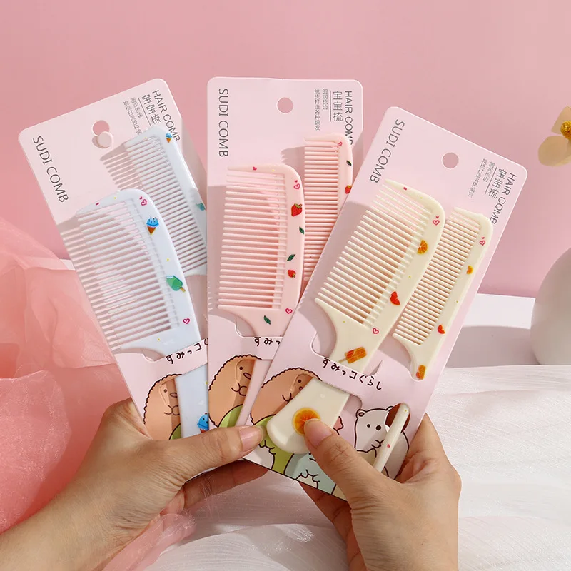 2pcs/set Cute Kids Hairdressing Supplies Comb Anti-static Pointed Tail Hair Brush for Girls Cartoon Strawberry Fruit Hairbrush