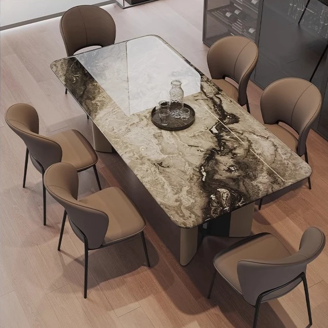 Set Stainless Steel & Marble Modern Extendable Design for Luxury Apartment Clubs High-End European French Noble Dining Table