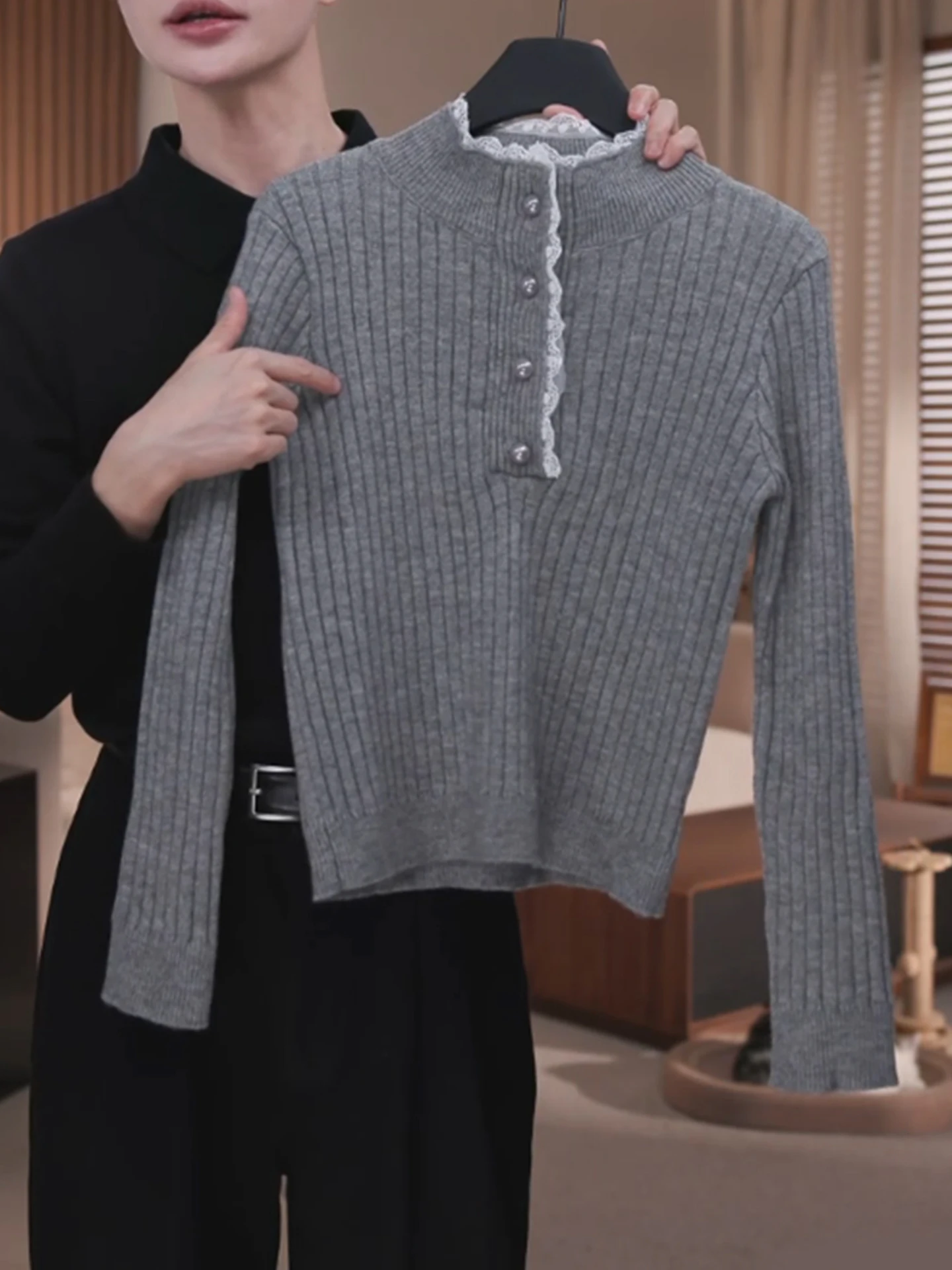 Maglione lavorato a maglia coreano Sle Long Sve con finiture in pizzo e colletto aperto, top dimagrante per il pendolarismo invernale Faion