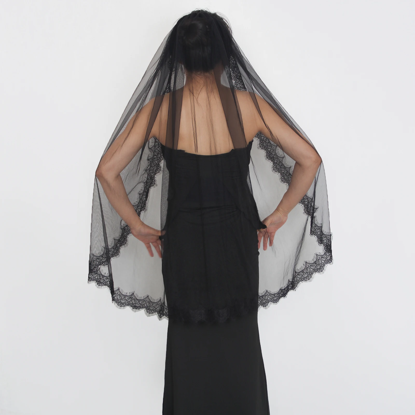 Gothic Black Bridal Veil with Eyelash Lace Halloween Soft 1 Tier Wedding Veil Funeral Widow's Veil Black Veil with Comb G154 image 4