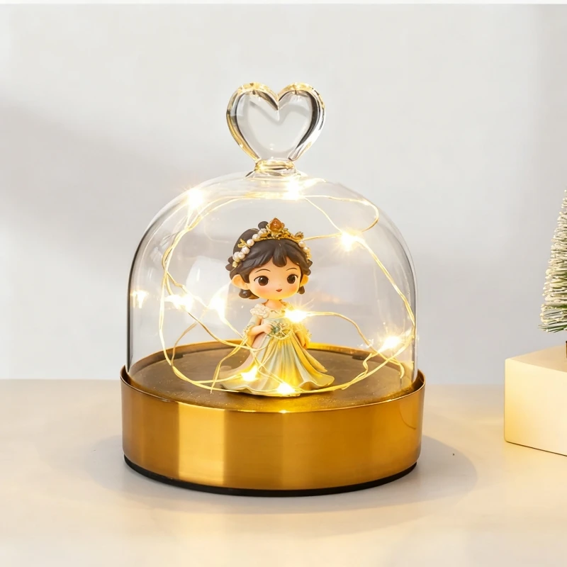 2set/pack 10*11cm Heart Top Transparent Glass Dome Gold Metal Light EVA Base Figurine Dust Proof Cover Wedding Friend Favor Gift