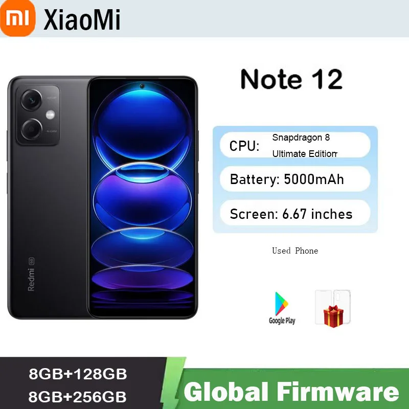 البرامج الثابتة العالمية هاتف Xiaomi Redmi Note 12 5G الذكي HyperOS 1.0 6.67 بوصة شاشة ذهبية 120 هرتز Snapdragon 4 Gen1 48MP 33W هاتف مستعمل