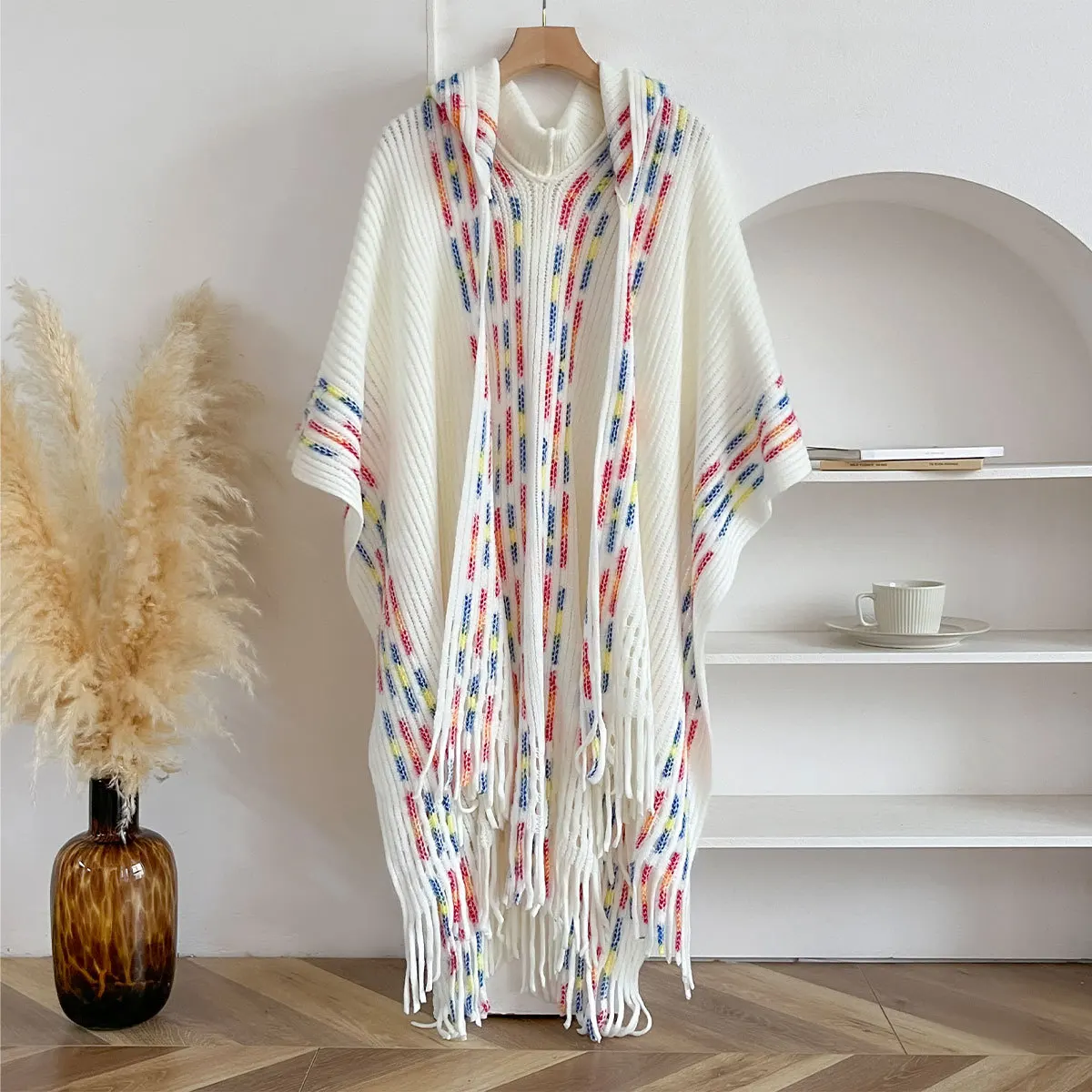 Women's Casual Versatile Border Jacquard Scarf Shawl Simple Stylish Comfortable Breathable Warm Hooded Cape Poncho P3