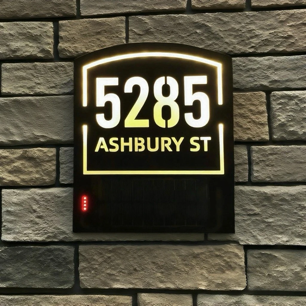 

Customized House Number Plate Solar Light Outdoor Door Sign 3D Laser Cut Solar LED House Number Outdoor illuminated address Sign