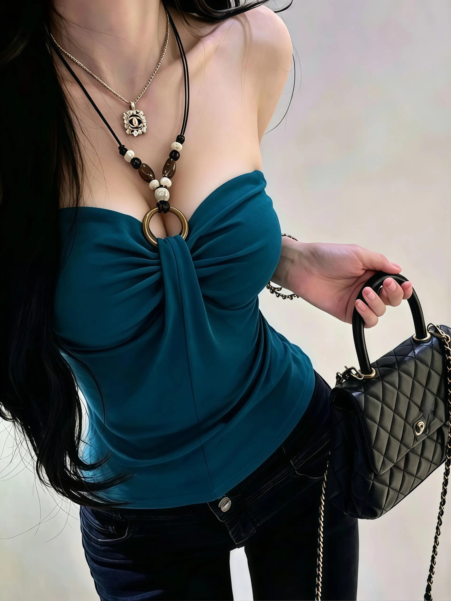 Summer Pure Desire Atmosphere Short Bead Necklace Folded Neck Vest Women's Small Backless Sleeveless Tube Top Breathable Poly...
