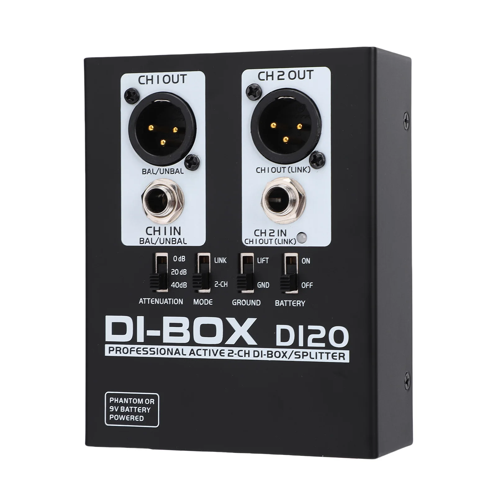 2 Channel Active DI Box Signal Isolator  to XLR Converter Phantom Powered for Guitar Speaker Up to 3000W Metal Case