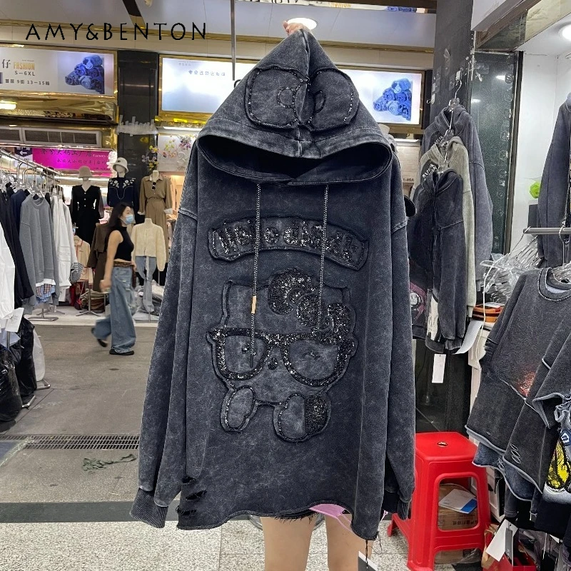

2025 Autumn New Heavy Patchwork Glasses Cartoon Sweatshirt Coat Women's Loose Slimming Versatile Age-Reducing Pullover Sudaderas