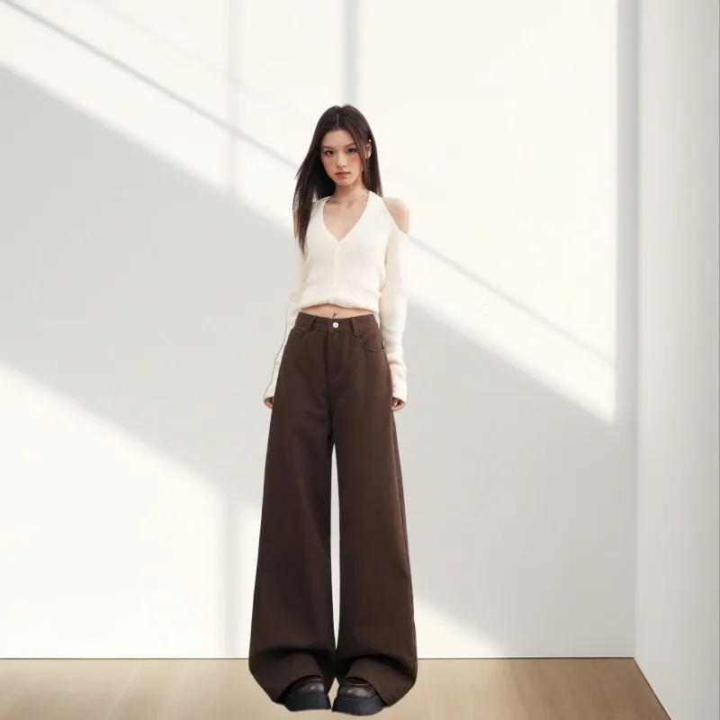 2026 Spring New American Washed Coffee Brown Maillard High Waist Jeans, Spicy Girl's Meat Covering Wide Leg Floor Pants