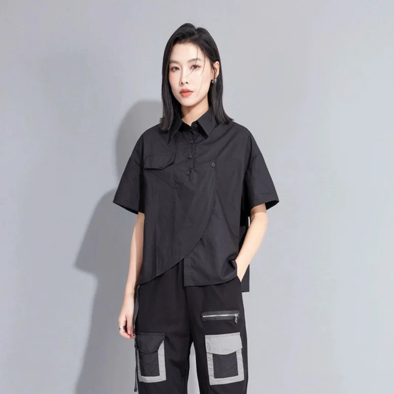 Loose Fit Short Sleeve Turn-down Collar Women's Shirt Punk Street Style Asymmetrical Shoulder Drop Cotton Casual Top