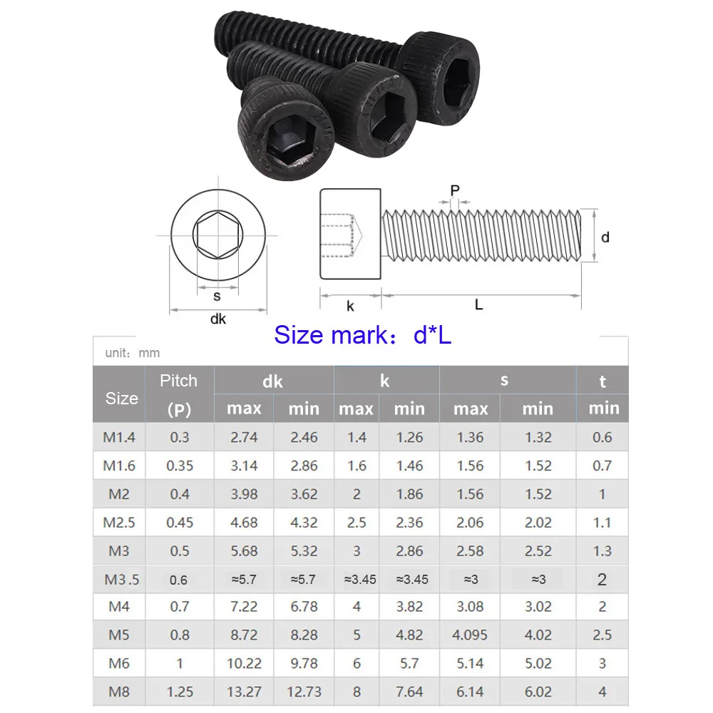 M2 M3 M4 M5 M6 DIN912 Hex Socket Cap Bolt Nut Kit Metric Thread12.9 Grade  Alloy Steel Machine Screws Scooter Allen Bolts Black