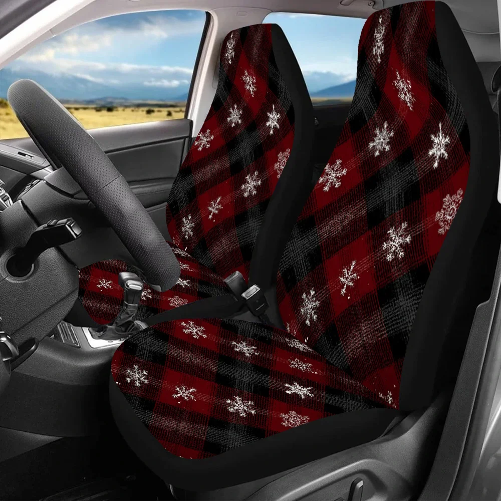 2pcs Snowflake Plaid Winter Car Seat Covers - Red & Checkered Design, Fit For Cars, SUVs, Sedans - Durable Polyester, Easy Insta