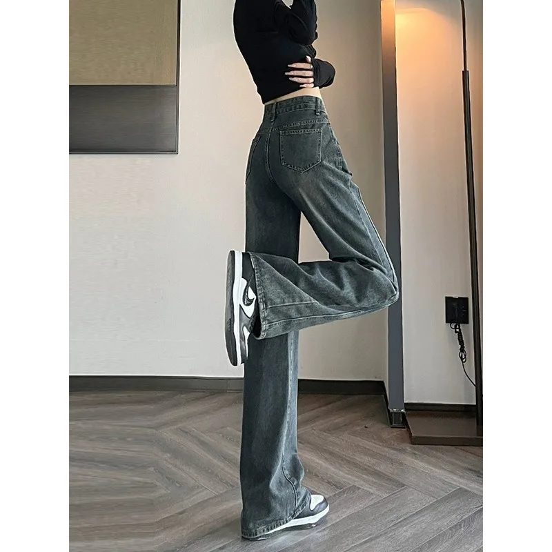 New Women High-waisted Wide-leg Jeans Spring Autumn Narrow Version Denim Trousers Fashion Female Casual Denim Straight-leg Pants