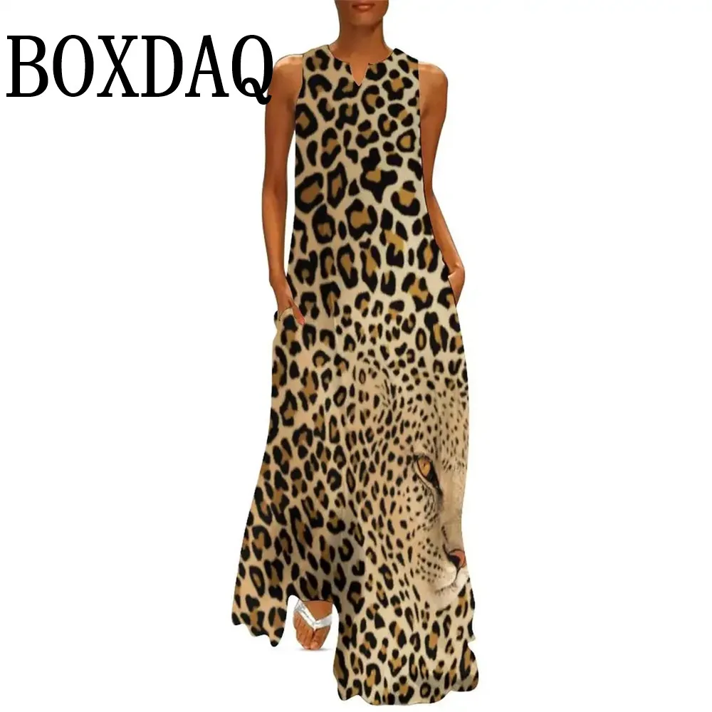 Summer Women Leopard Graphic Print Dress Fashion Elegant Casual V-Neck Sleeveless Tank Long Dresses Ladies Sexy Loose Maxi Dress