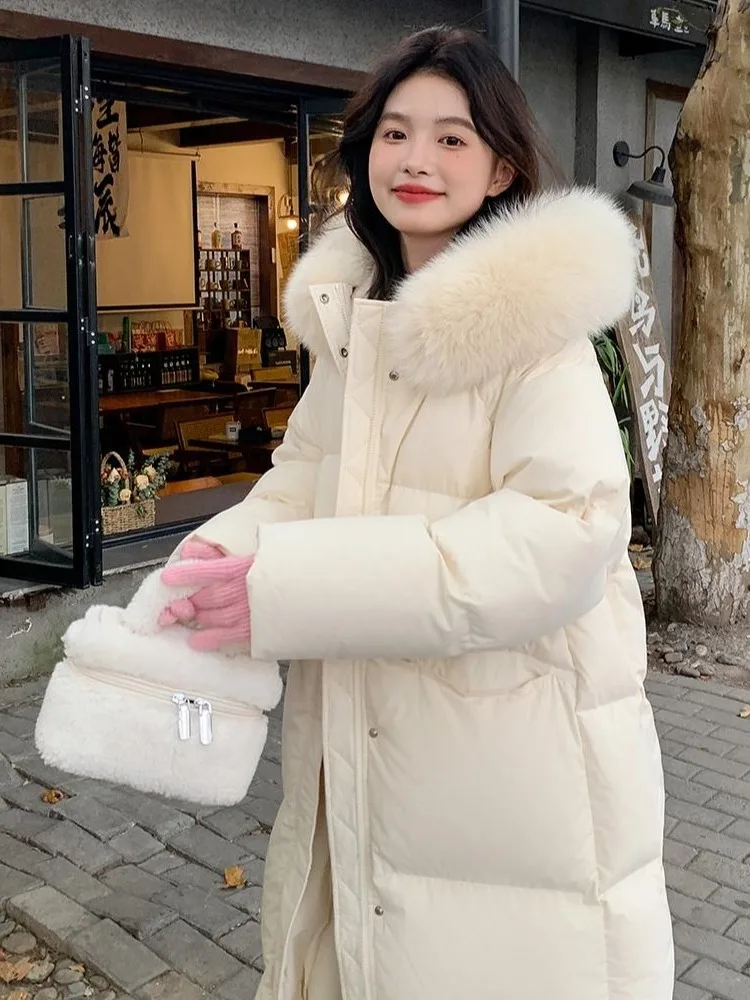 

Winter Thiened Mid-Length Pink Cotton Jaet Women's Sweet Anti-Aging Design Large Fur Collar Faionable Cotton Coat