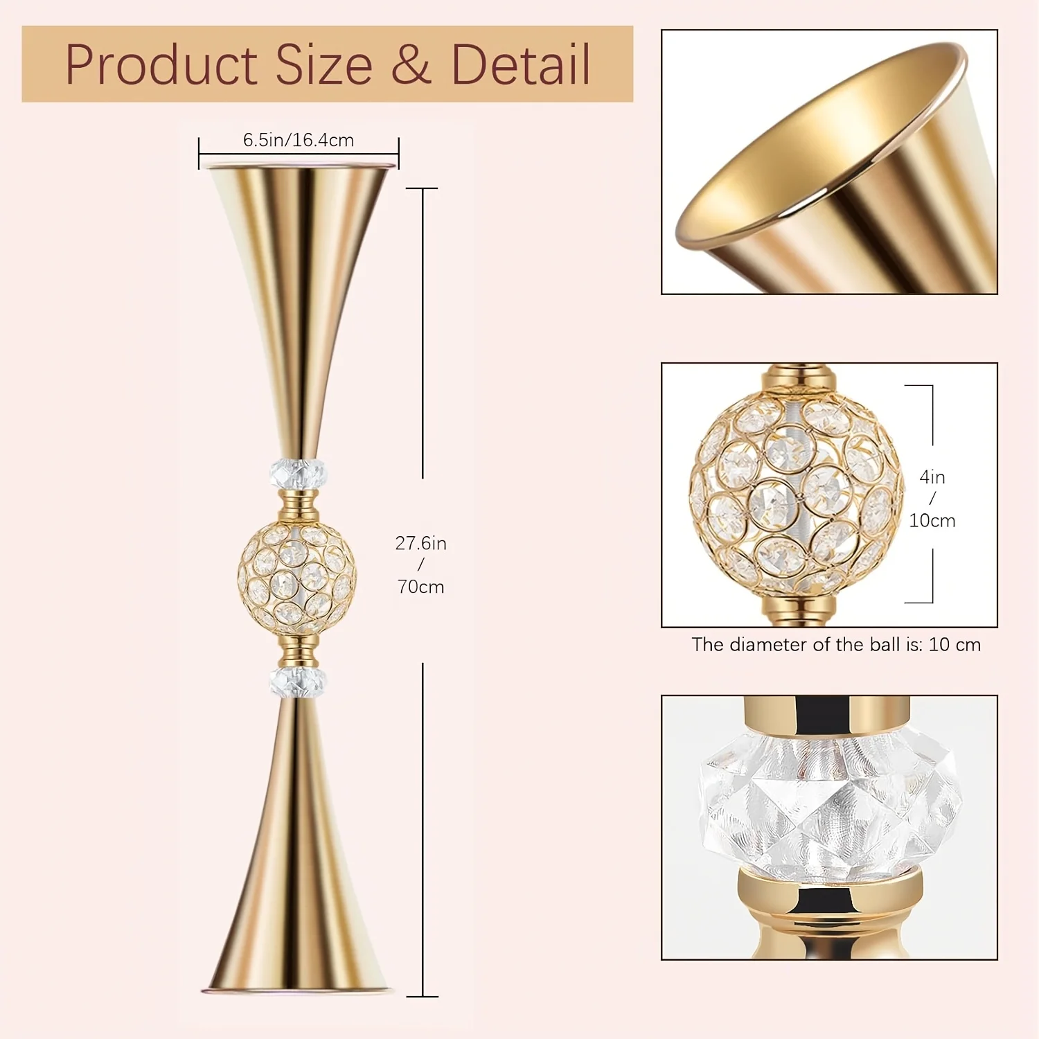 2pcs Elegant Golden Tall Crystal Flower Vases – 70 cm Trumpet-Shaped Vase Set for Table or Floor Display, Ideal for Bouquets, Ce view 3