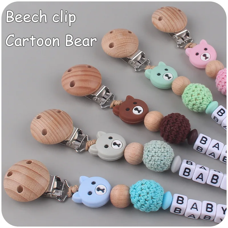 Wood Pacifier Clips Silicone Bear Teething Chain Baby Teether Eco-friendly Dummy Clips Holder Personalized Name