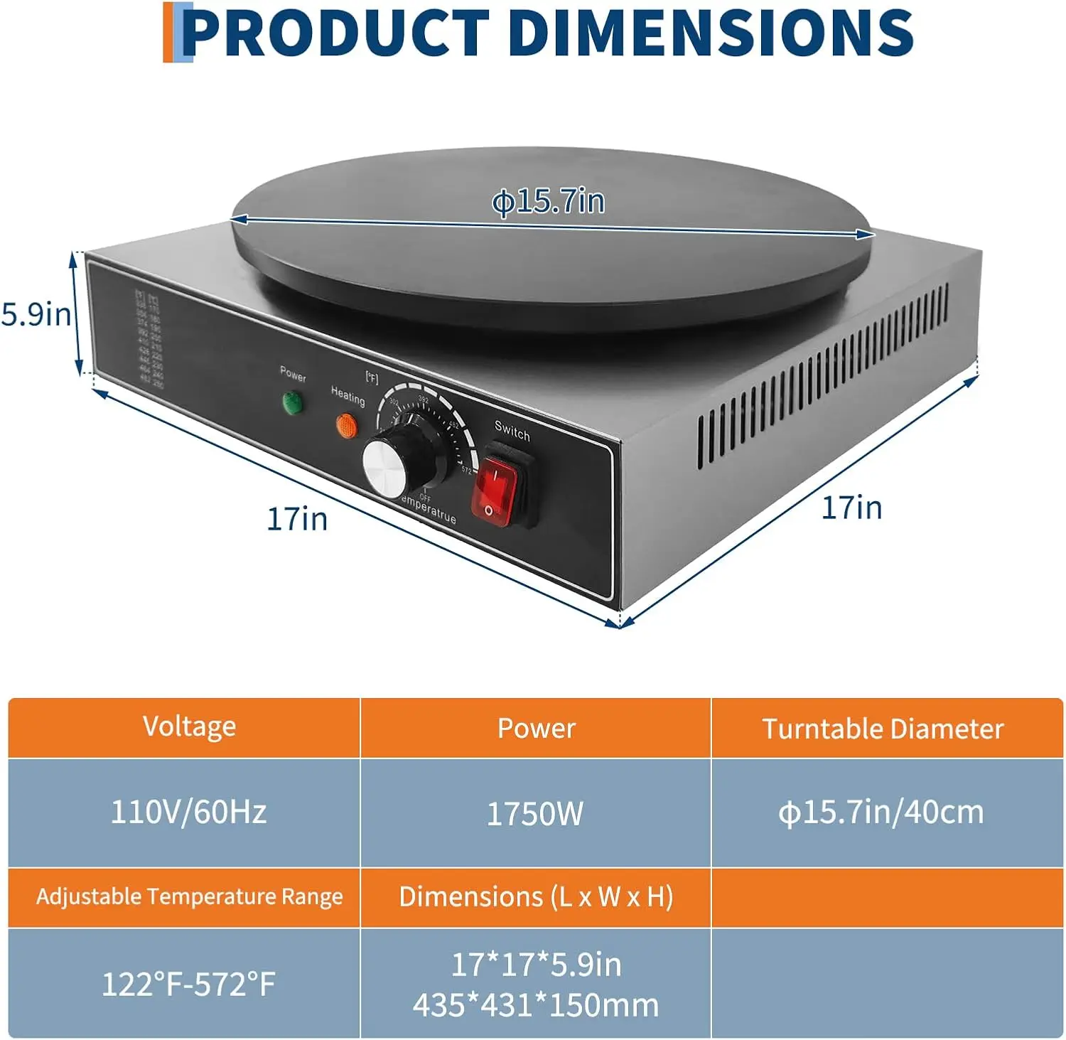 Hotplate Commercial Crepe Maker, 1700W Non-Stick Electric Crepe Maker with 122-572℉ Adjustable Temperature, Stainless Steel Pancake Machine for Home Restaurant Street Snack