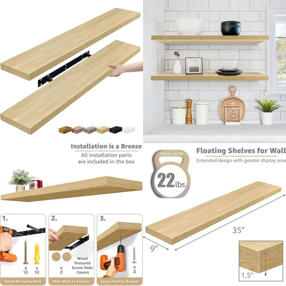 

35 Long Maple Wood Floating Shelves, 2-Pack for Bathroom, Bedroom, Kitchen, Living Room & Book Storage with Hidden Brackets