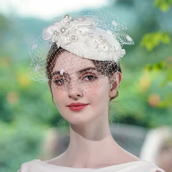 Hepburn-Sombrero de flores con velo francés, tocado nupcial, accesorios de estudio, sombrero de vestir