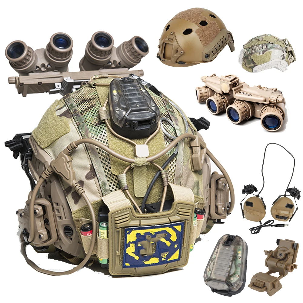 Tactical Airsoft Helmet Set with Communication Headphones NVG Model Helmet Cloth Signal light for CS Shooting Field Role Play