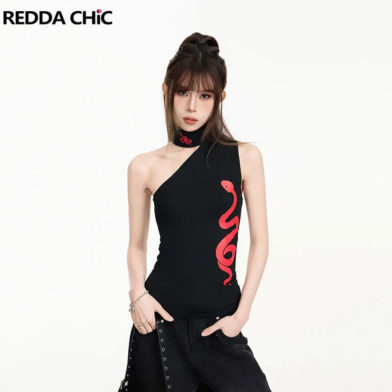 

REDDACHiC Alt Goth Turtleneck Top Women Snack Print Color Block Stretchy Slim Fit Sleeveless T-shirt Grunge Dark Punk Clothes
