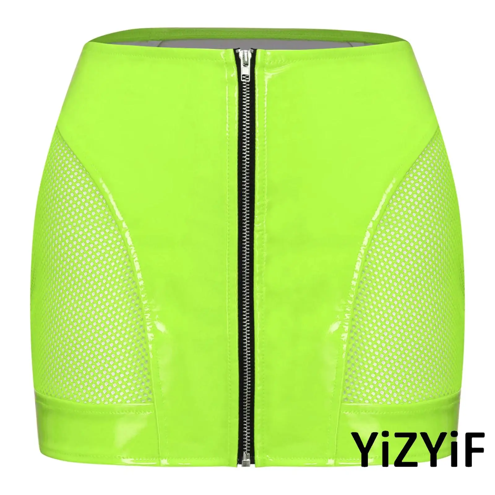 

Womens Sexy Wet Look Mini Skirt High Waist Bodycon PU Leather Sheer Mesh Side Inserts Front Zip Glossy Party Carnival Outfit