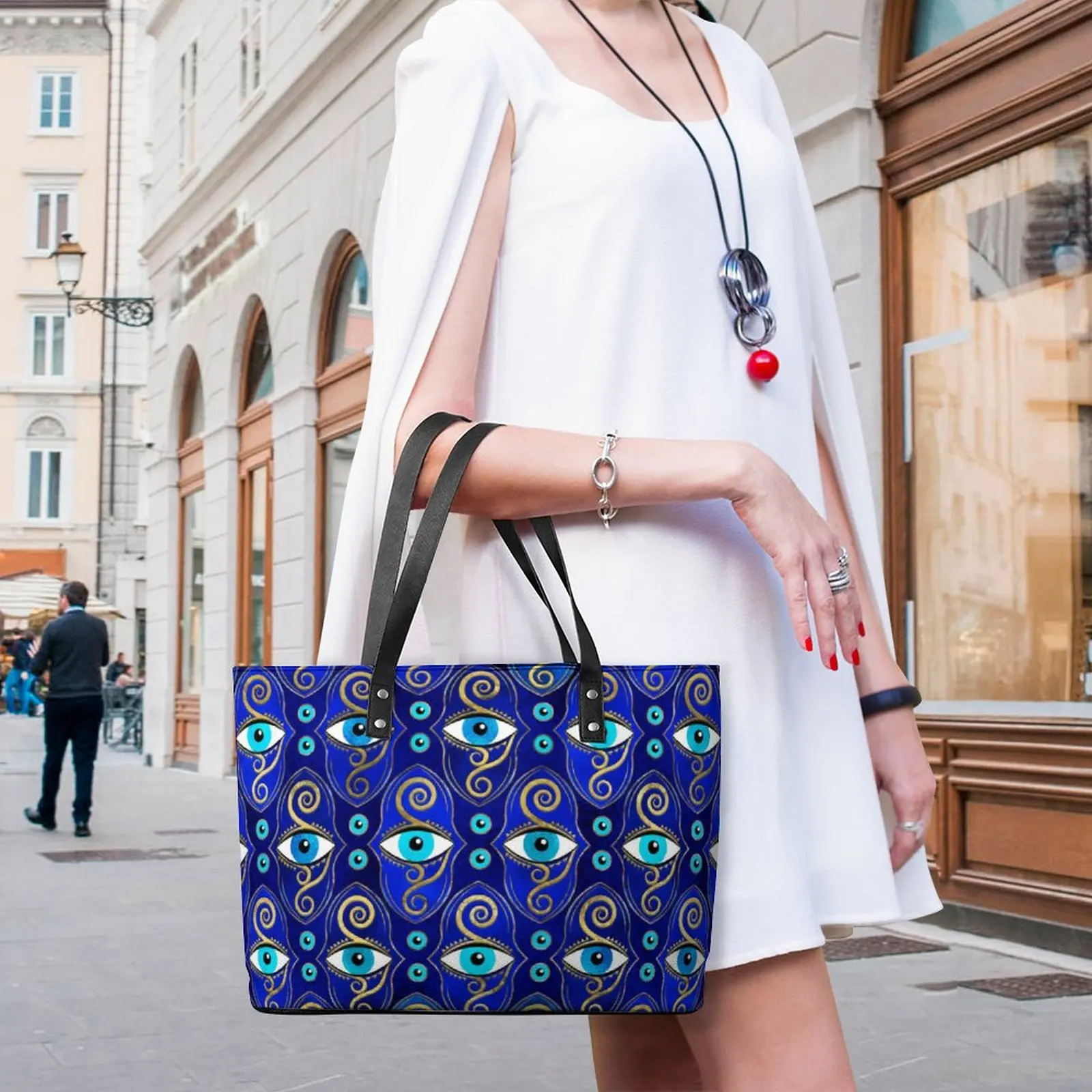 Blue Evil Eye Charm Handbags Greek Amulet PU Leather Shoulder Bag Lady Office Print Tote Bag Belt Cool Beach Bags