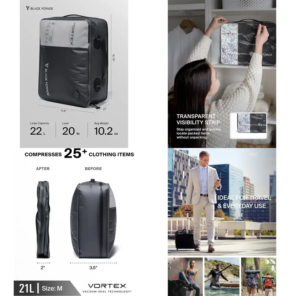 

Многоразовые вакуумные компрессионные мешки для путешествий, водонепроницаемый набор для экономии места (2 упаковки, 21 л, без насоса)