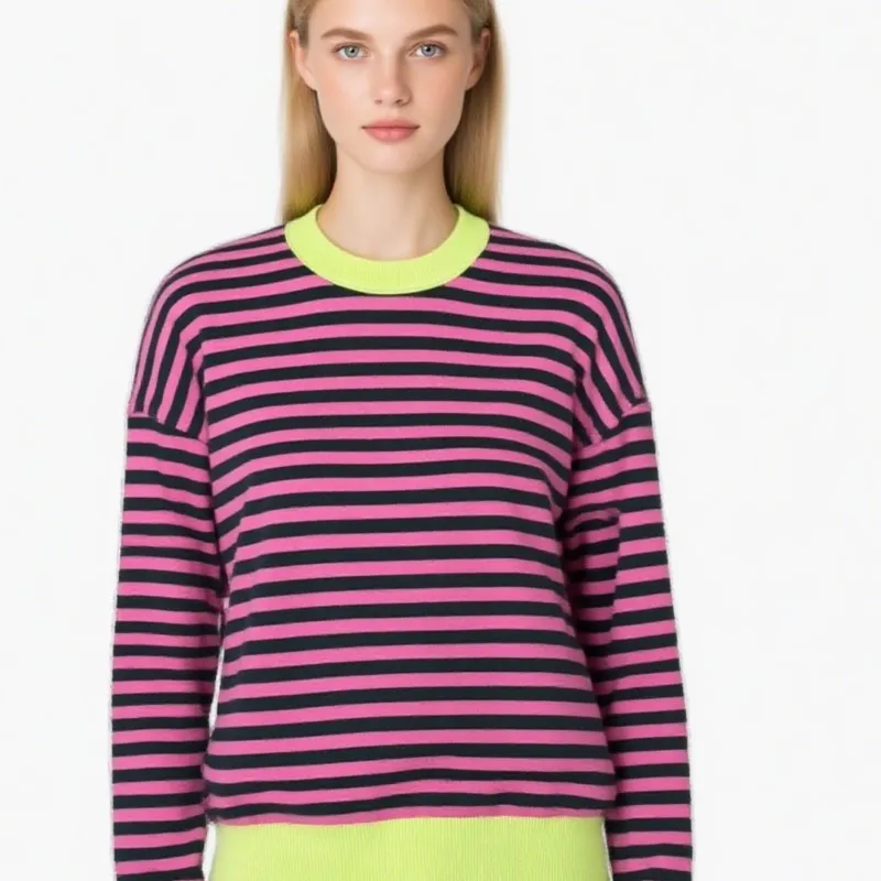 

Black Pink Knitted Striped Sweater Women Loose Casual Round Neck Long Sleeve Female Pullovers 2025 Autumn Lady Street Jumper y2k