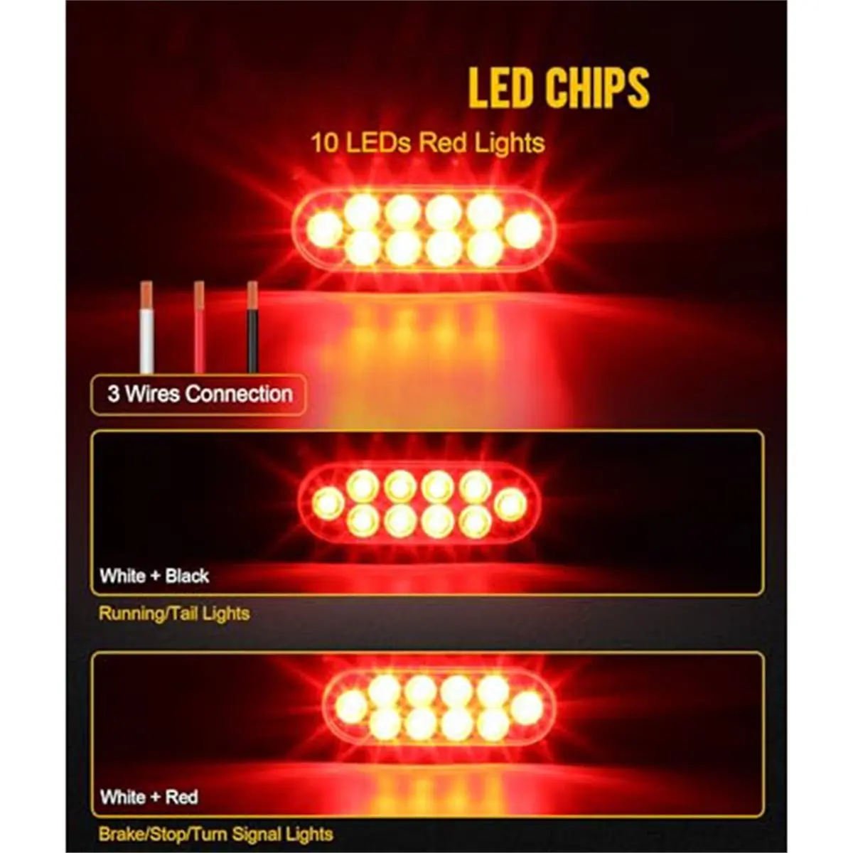 Compatible 4-Piece Trailer Truck LED Sealed Red 6-Inch Oval Stop/Turn/Tail Light Flush Mount Waterproof Includes 3-Pin Waterproo