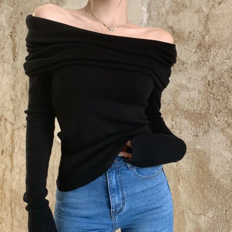 

Slash Neck Sweaters Women Tender Chic Skinny Sexy Fashion Elegant Knitted Pullovers Spring Ins Vintage Sueters Mujer Temperament