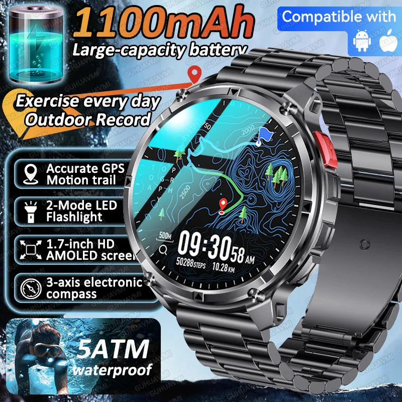 

2025New Military 1100Mah High-Capacity battery Smart Watch 1.7"AMOLED Built-in Compass 5ATM Waterproof Sport Fitness Tracker Men