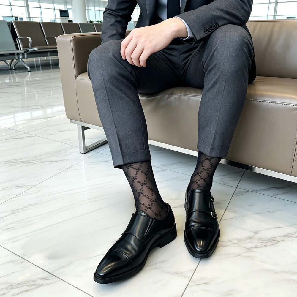 Men's Sheer Mesh Dress Socks Diamond Lattice See Through Business Formal Long Knee High Socks for Suits Shorts Party
