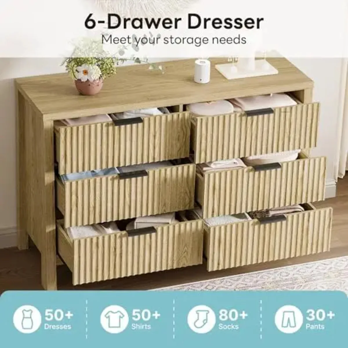 Fluted 6 Drawers Dresser for Bedroom, 47" Wide Modern Chest of Drawers with Metal Handle, Wooden Dresser Storage - view 3