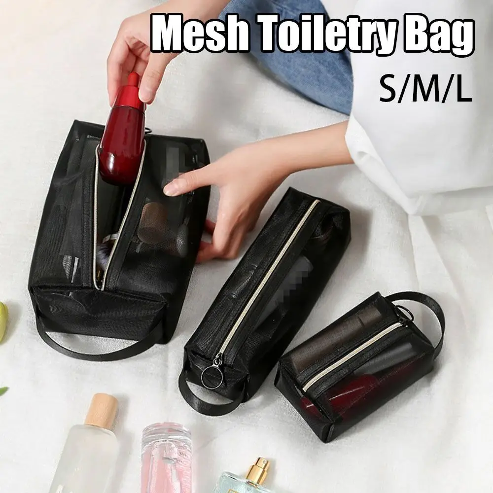 1Pcs New S/M/L Mesh Toiletry Bag Solid Small Black Cosmetic Bag Portable Zipper Opening Makeup Organizer Men Women