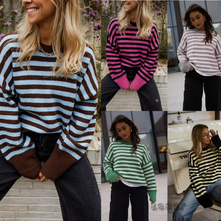Pullovers Women Sweaters Knitted Round Neck Full Sleeve Jumpers Y2k Streetwear Elegant Splice Knit Striped Casual Tops 2026