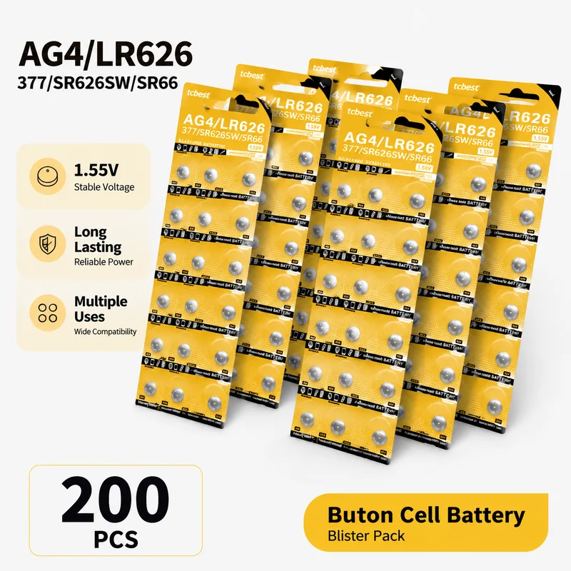 Alkaline Button Cell Battery AG4 LR626 377 SR626 1.55V 200PCS Replacement Coin Cells for Watch Clock Toy Calculator Key Fob