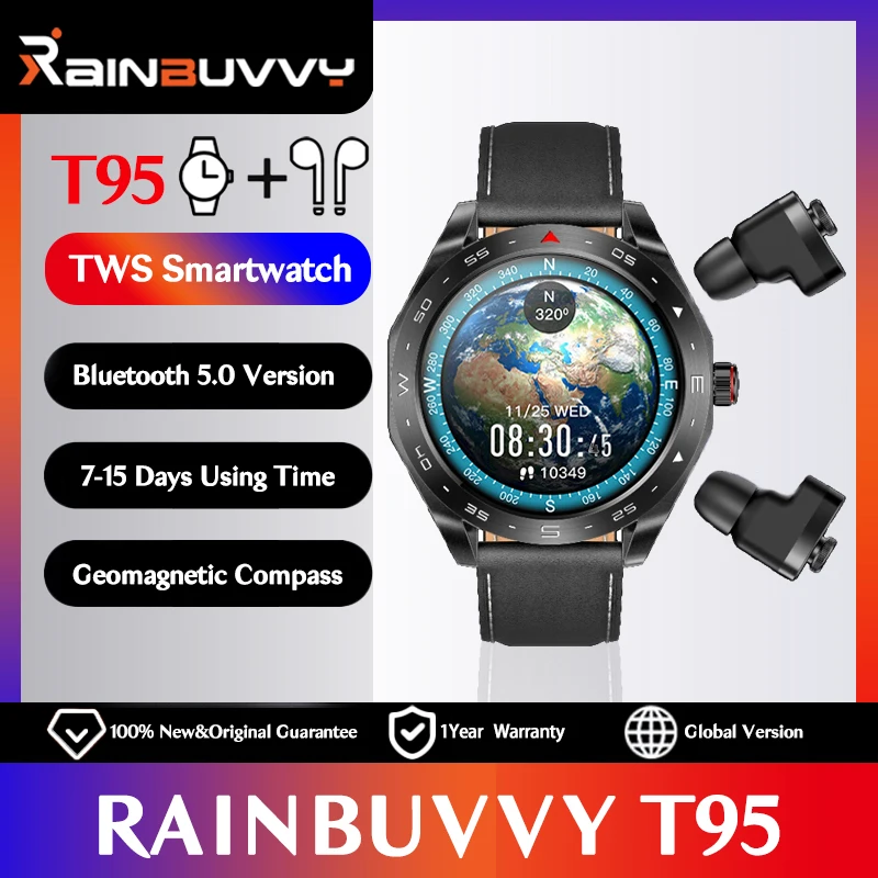 Смарт-часы rainclovy T95, TWS, 2 в 1, с наушниками-вкладышами