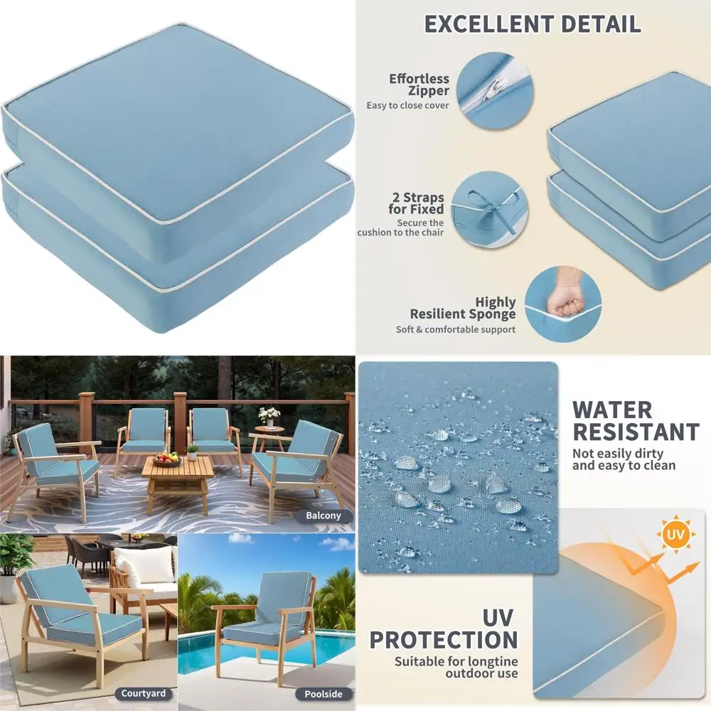 

2 Pack 20x20x4 Waterproof Outdoor Chair Cushions with Ties, Light Blue Cushion Covers