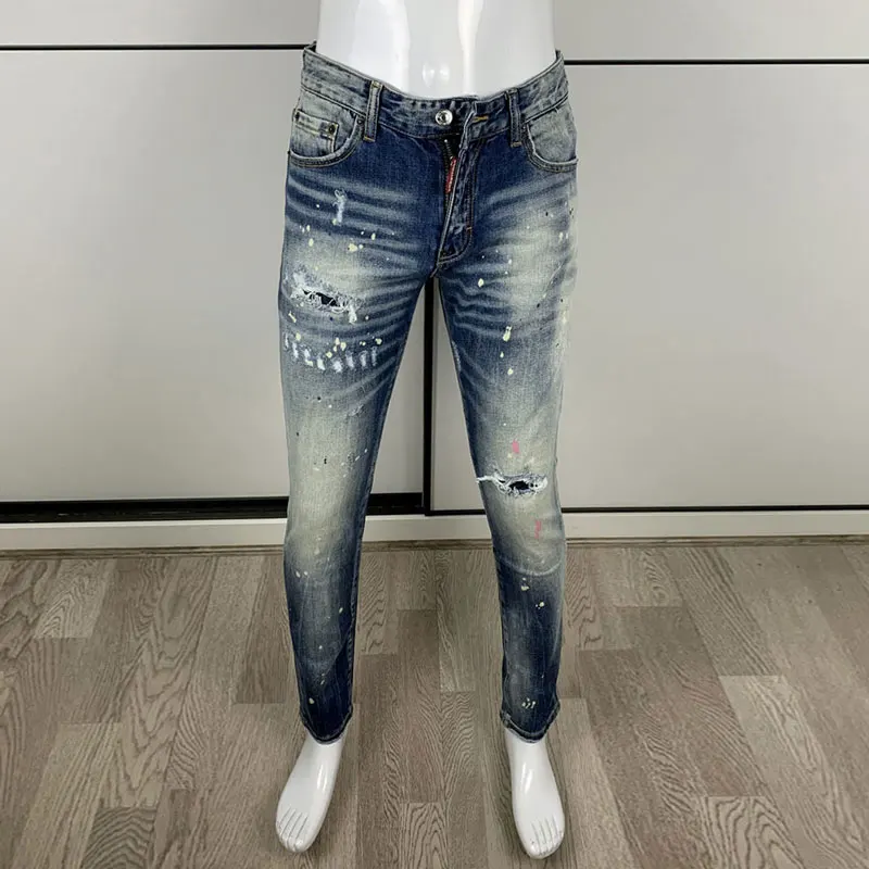 Men Blue Gradient Whisker Splash‑ink Ripped Stretch Skinny Denim Jeans Punk Street Hip‑Hop Denim JeansY2k