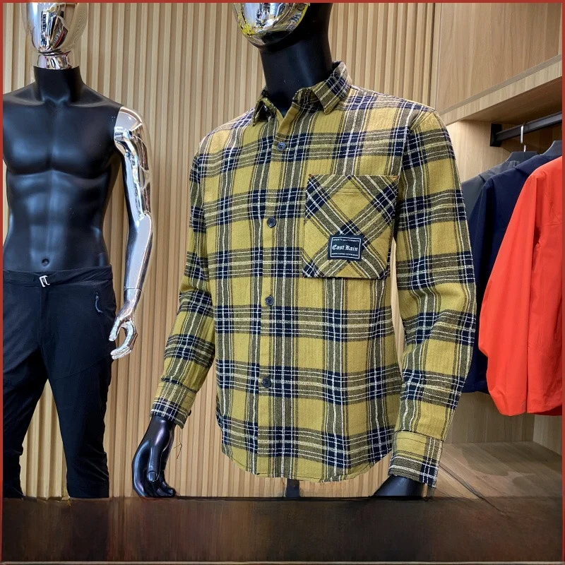 

New Men's Plaid Long Sve irt Fce Fabric American Sle Autumn Winter Stand Fit Casual arp Collar Daily Wear