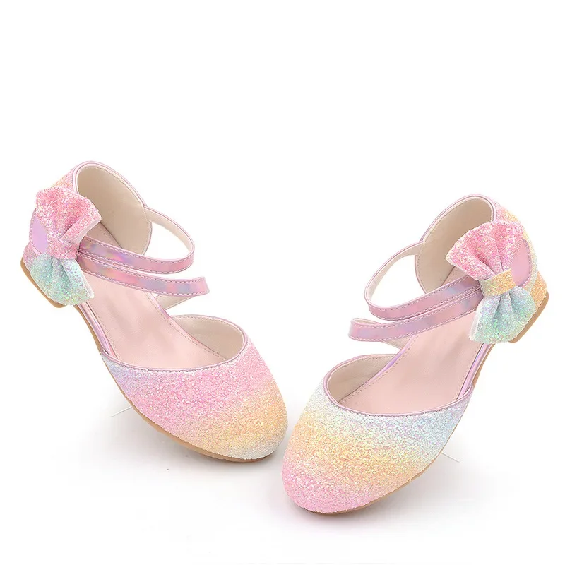 

Autumn Children's leather Shoes Girl Princess shoes Fashion Sequin Bow High Heels Rainbow Closed-toe Sandals for Performances