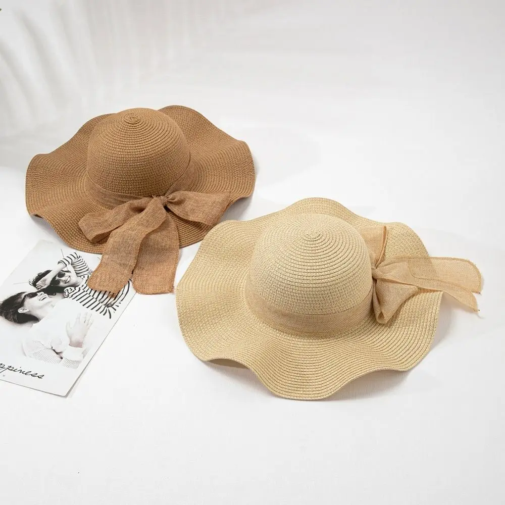 Foldable Beach Hat Fashion Wide Brim Bow Ribbons Travel Straw Hat Portable UV Protection Sun Visor Cap