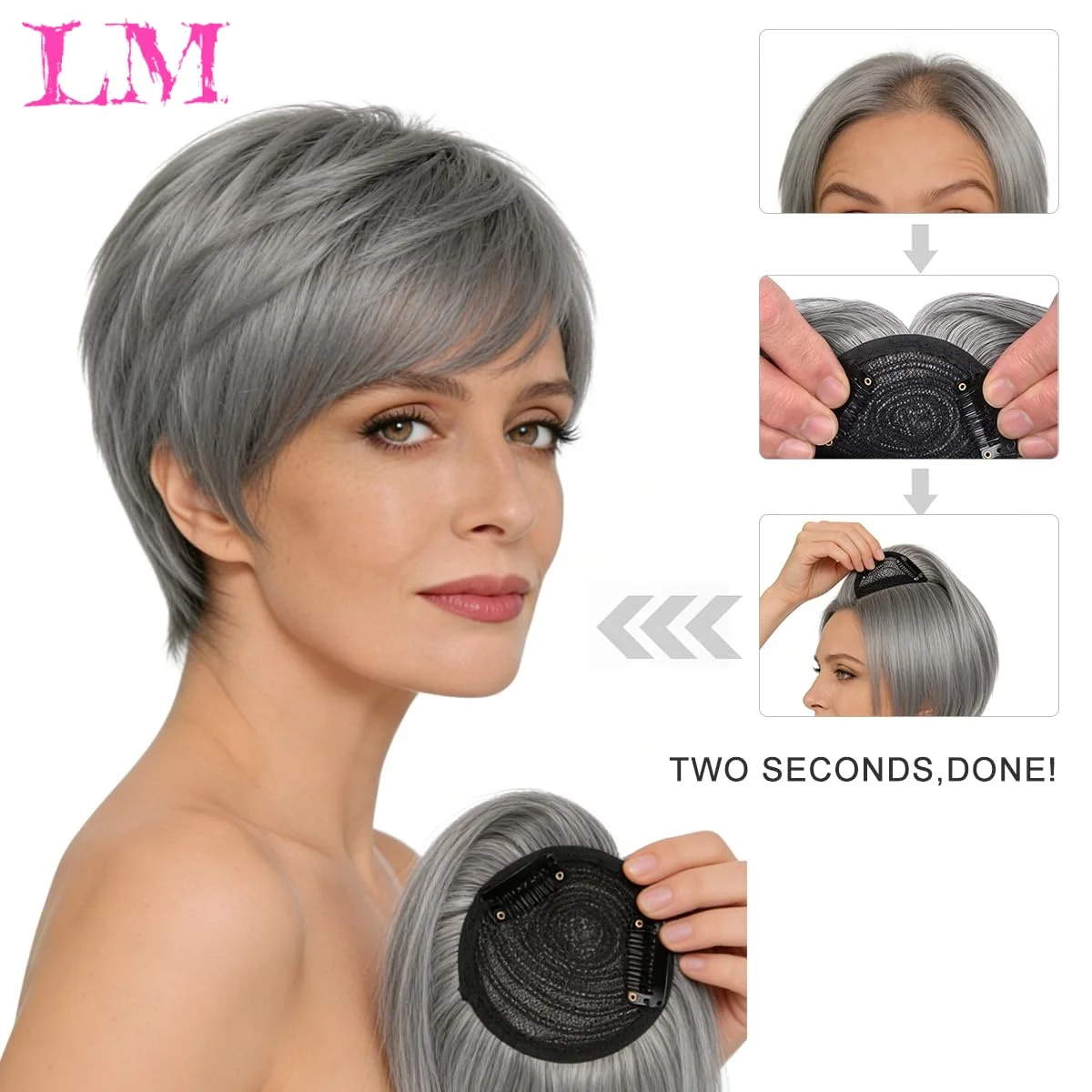 LM Straight Invisible Middle Part Hair Toupee Bangs Natural Looking Seamless Fluffy Synthetic Hairpiece for Women Topper Daily