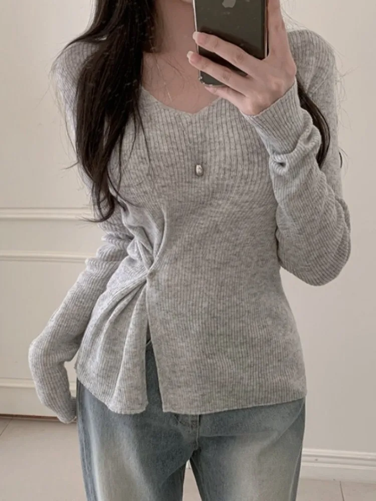 Slimming Early Autumn V-Neck Knitted Top Women's Elegant Versatile Super Beautiful Base Layer Shirt Korean Style Warmth Heating