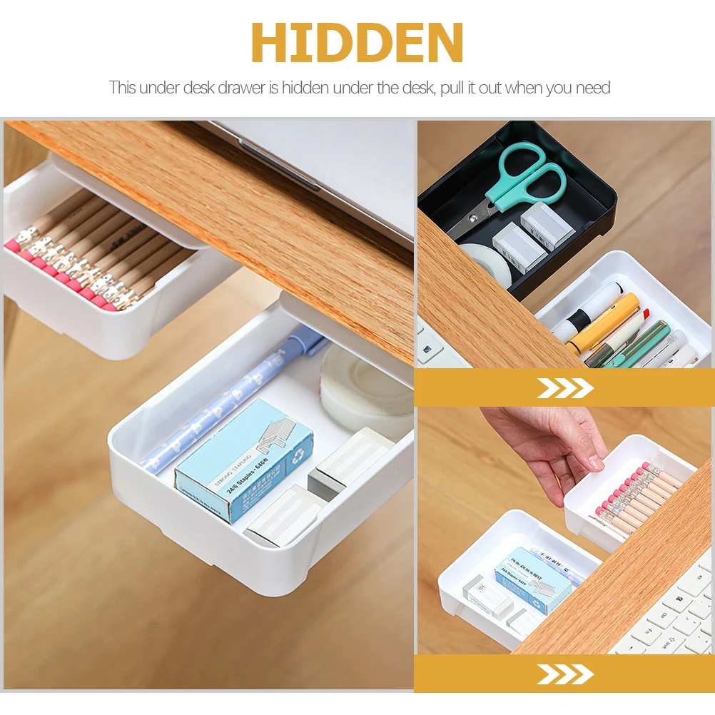 2pcs Storage Box Self-Adhesive Under Desk Drawer Hidden Desktop Organizer For Pens Erasers Office Supplies Table Bottom