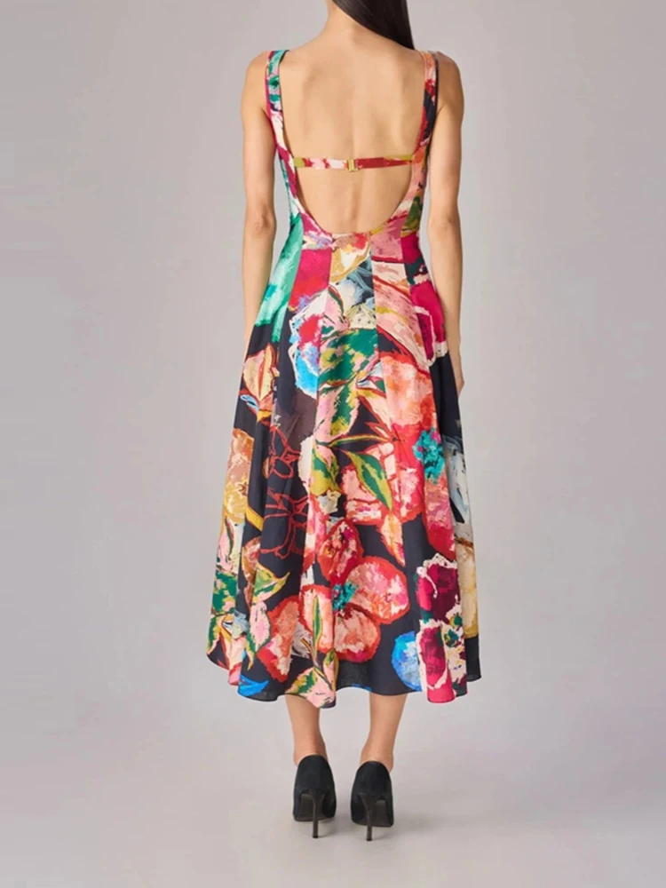 Vintage Casual Loose Boho Long Dress Mujer Women Abstract Floral Print Maxi Dress Sexy Square Neck Sleeveless A Line Party Dress