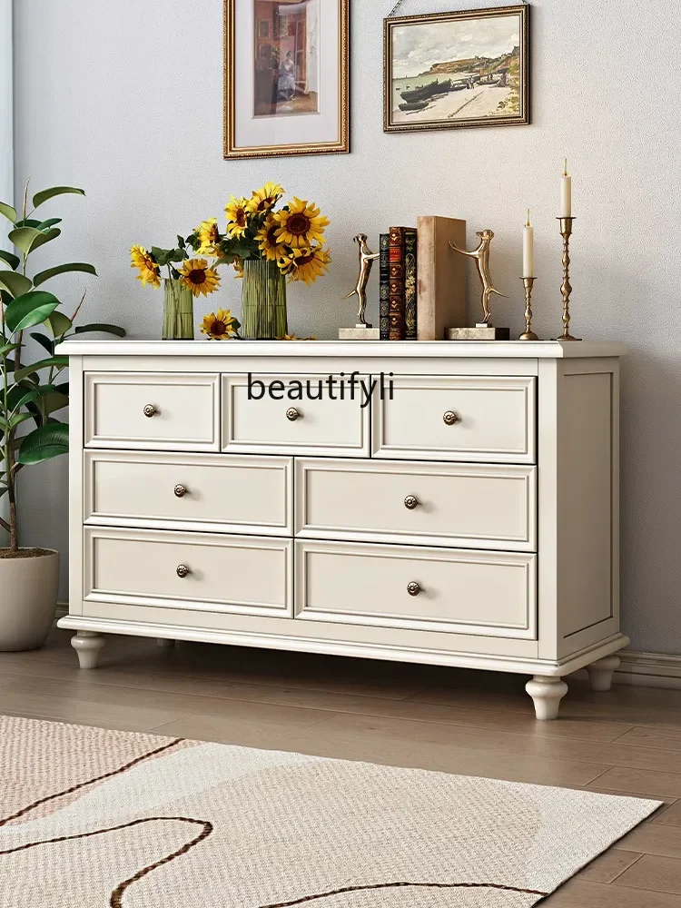 American Cream Style Solid Wood 7-Drawer Cabinet White Cabinet Bedroom Storage Entrance Cabinet American Furniture